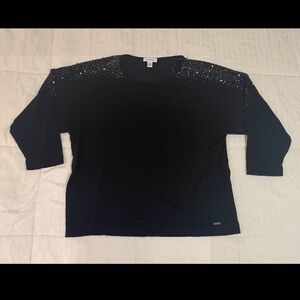 Calvin Klein Black Crewneck Sweater Sparkle Pearl Shoulder Women Size Large EUC